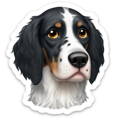 black and white English Setter face with asymmetrical black eye patches and no brown hair sticker