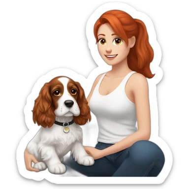 Red hair woman in white singlet sitting black white and brown english cocker spaniel on her lap sticker