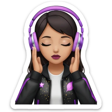 Girl with dark hair, tan skin tone,wearing a black jacket, has glitter on her eyelids, and wearing mauve lipstick, wearing white headphones, her hands are on her ears, and her eyes are close sticker