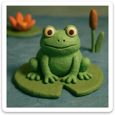 a green frog sitting on a lily pad, claymation style sticker
