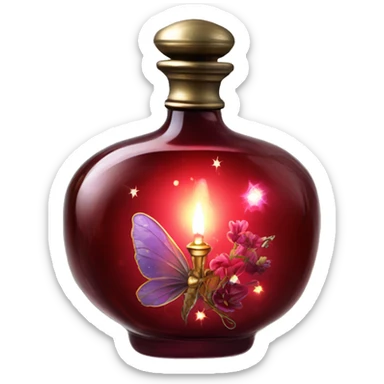 Dark red magic fairy light sparkling old Antique oil perfume bottle with herbal and flowers sticker