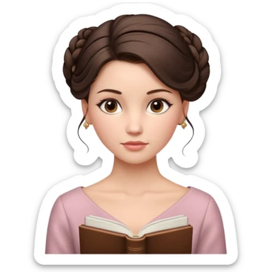 Cinematic Realistic Journal Portrait, depicted with lifelike skin texture, subtle rosy undertones, and soft natural lighting that enhances the gentle contours of her face. Her intricately detailed brunette hair is elegantly styled in an updo, sticker