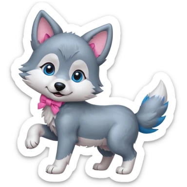 an animated gif-style sticker emote of a wolf puppy bent forward in a playful pose wagging its tail in a smooth, natural arc over its back. It has a pink bow in front of its ear and bright blue eyes sticker