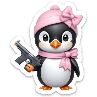 cute penguin wearing light pink bow on neck and holding light pink gun  sticker