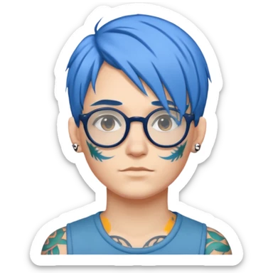 individual with blue hair, glasses, tattoo sticker