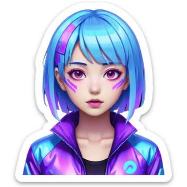 Cyberpunk Japanese girl with neon blue wig, holographic jacket, digital glitches effect, dark background with purple glow, iOS app icon style sticker
