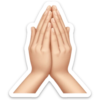 Create an Apple-style emoji of two hands pressed together in a praying gesture. The hands should be simplified, smooth, and cartoon-like, with soft gradients and glossy highlights typical of iOS emojis. Show only the hands, with no arms or background, isolated on a transparent background. sticker