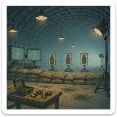an indoor target range, inside a blimp hangar, monitor screens, sandbags, mechanical target stands with silhouette, overhead lights, blast marks on the floor, sandbags, firing range table set with ammo boxes, large work lamps, atmospheric perspective sticker