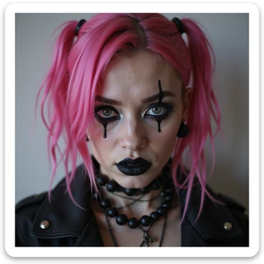 BLACKPINK inspired goth emoji, photorealistic style, black lipstick, black contact lenses, dark background, mysterious vibe, pink punk outfit sticker