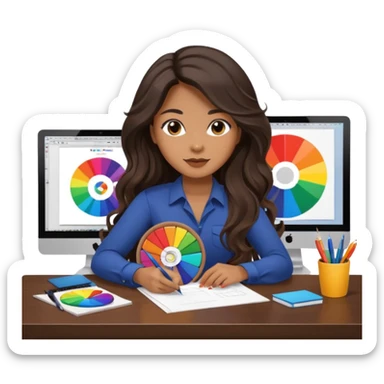 female dark wavy long hair graphic designer , holding color wheel , pens, papers, desktop sticker
