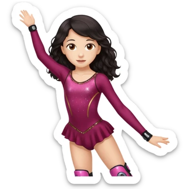 Una patinadora de 12 años y es morena de pelo y lleva un mallott granate con brillos y esta patinando con patines de ruedas en linea y su piel es clara y el pelo es largo negro ondulado sticker