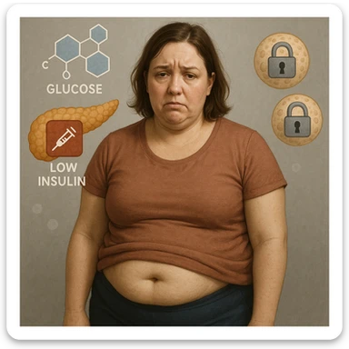 Realistic late 30s woman, slightly overweight, fat accumulation on abdomen and face, in a neutral environment. Expression tired and frustrated. Around: stylized pancreas with low insulin icon, glucose molecules, cells with closed padlocks. Realistic style with medical symbolic elements. sticker
