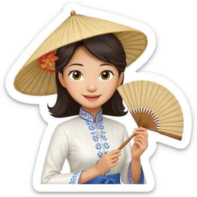 a vietnamese woman wearing a white ao dai holding a folding fan elegantly, wearing a nón lá sticker