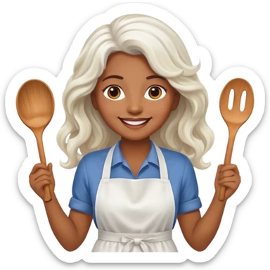 woman, brown skin, white long wavy hair, with apron sticker