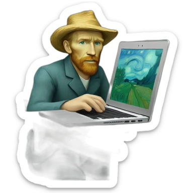 Vincent van Gogh working behind a macbook sticker