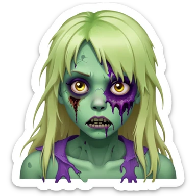 undead zombie girl with rotting green skin, purple bruises, messy long blonde hair with bangs, cracked lips sticker