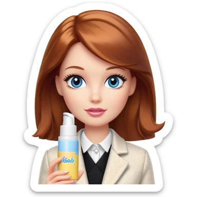 A Barbie girl with blue eyes, shoulder-length reddish-brown hair, made-up, in a white tweed jacket and black skirt, holding a tube of pale yellow face cream sticker