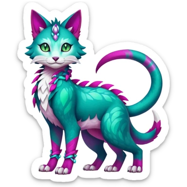 Kawaii colorful iridescent dark-turquoise-green and magenta and white beautiful pretty elegant divine edgy feline-vernid-sergal-Fakémon-Pokémon-fursona-animal-creature with accessories, full body, with intricate detailed markings sticker