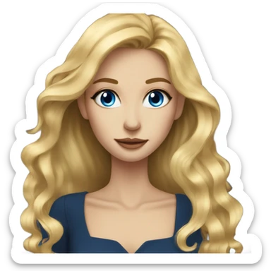 Beautiful skinny woman long blonde hair in dark dress with blue eyes gold earrings with book  sticker