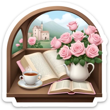 A cozy reading nook with an open book, a steaming cup of tea, and a bouquet of pale pink roses. sticker