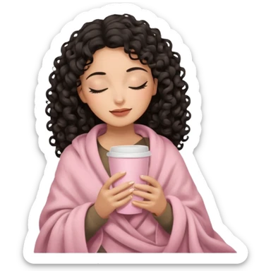 hispanic woman, black long 3b curls, closed eyes, feminine face, holding soft pink coffee cup with beige blanket over shoulders sticker
