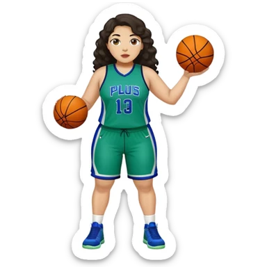 full body plus size light skin latino women basketball player with wavy dark hair wearing blue and green uniform sticker