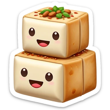 Hakka Stuffed Tofu with five spiced meat filling, simplified emoji style with bold outlines and bright colors, cartoon style unique triangular stuffed bean curd sticker