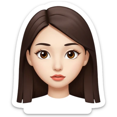 Una chica con piel muy clarita con pleo liso largo de color castaño y unos ojos marrones oscuro y labios grandes y nariz bonita y con unas pestañas que parezca asiatica que tenga las cejas un poquito mas juntas sticker