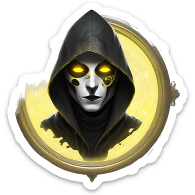A digital painting of a SPECTRE, cyberpunk man with glowing yellow eyes and black and white face paint, wearing a dark hooded cloak, portrait, intricate details, silver ornate circular frame sticker