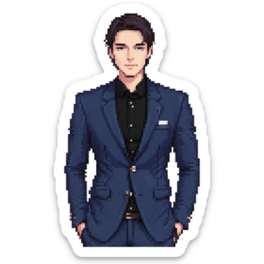 Flat pixel art, focused and reserved male thinker, fair skin, short sleek dark hair, intense sharp eyes, wearing a deep indigo suit jacket over a black shirt, left hand thoughtfully touching chin, waist-up, front-facing sticker