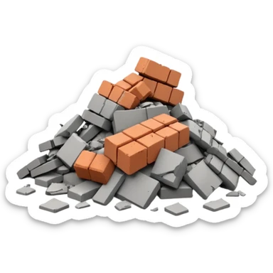 3D iPhone style emoji of a pile of bricks, roof pieces, and wall rubble, scattered and broken, isolated on white background, soft shadows, high detail, playful and cute sticker