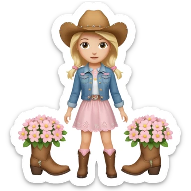 Blonde cowgirl with a cute whit dress with soft pink flowers, with a jean jacket and cowgirl boots sticker