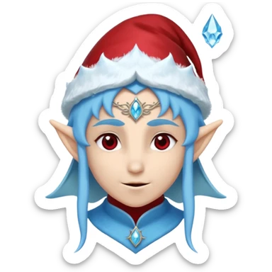 Fantasy elf portrait emoji, Santa Claus hat with icy frost edges, thin icy crystal crown with deep red accents under the hat, elegant elven features, cold noble winter expression, icy blue and crimson color palette, minimal clean design, flat readable emoji style, male/female variant
 sticker