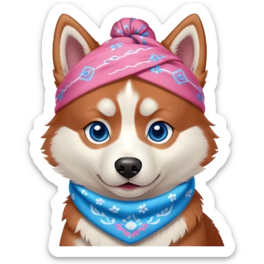 disney-style red siberian husky with blue eyes wearing a pink bandana sticker