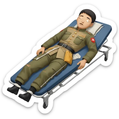 a man of oriental appearance, dressed in torn clothes, full length, with closed eyes, head lying on a stretcher, in a prone position, with injuries on a black military stretcher, 1980 sticker