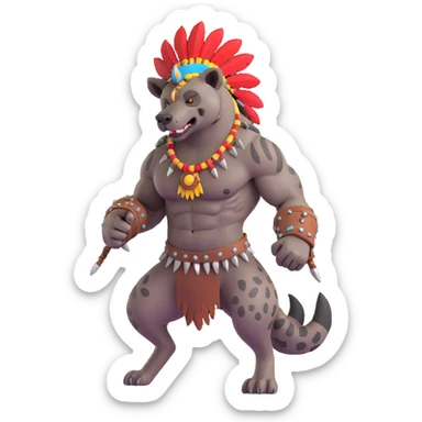 A native strong buff hyena with war bonnet flexing posing  sticker