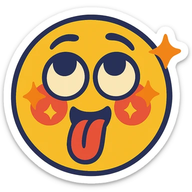 blushing face with eyes rolled up, tongue out, sparkles around cheeks, vibrant toon style sticker