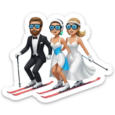 a couple skiing they both have ski helmets and goggles on , man with a beard in a tux and woman in a wedding dress on their skiis going down a slope.  sticker