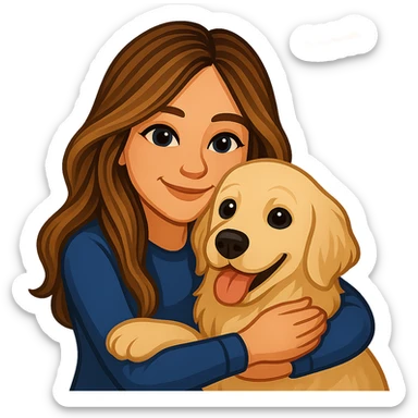 Create an emoji style image of a 20-year-old dirty blonde woman with brown highlights in her long hair and dark blue eyes, hugging an English cream golden retriever. The background is a warm sunset, and the scene is affectionate and playful. sticker