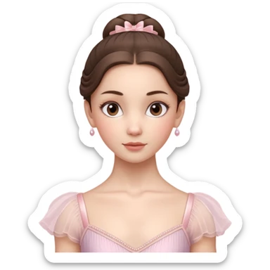 Cinematic Realistic ballerina Portrait, depicted with lifelike skin texture, subtle rosy undertones, and soft natural lighting that enhances the gentle contours of her face. Her intricately detailed sweet brunette hair is elegantly styled, sticker