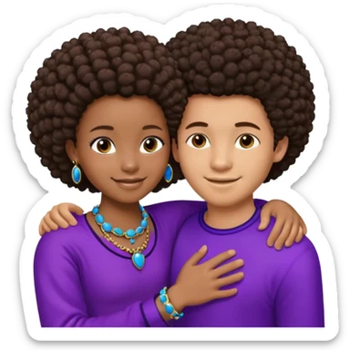 Tan male with short brown hair, smiling and hugging, black African girl with Afro in purple clothes with blue jewelry sticker