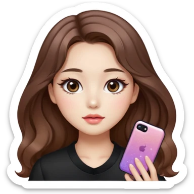 “korean straight brown hair Emoji girl, soft eyeliner and blush, gradient lips, light brown shimmer eyeshadow, sparkly aegyo-sal, long wavy hair,  sticker
