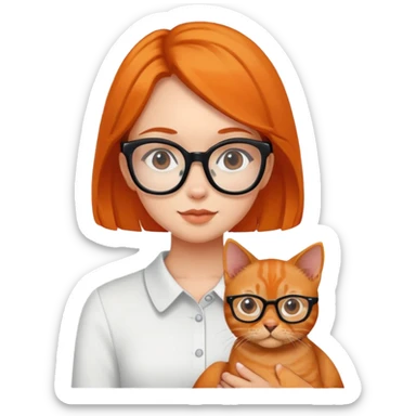 A girl with black framed glasses holding a brown puppy and an orange cat sticker