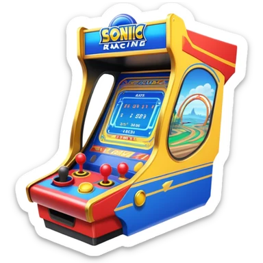 An icon representing an arcade game interface, inspired by Sonic. The design features colorful platforms, loops, and rings, with Sonic racing through a vibrant landscape. The iconic HUD elements, like score and timer, are visible. A transparent background. sticker