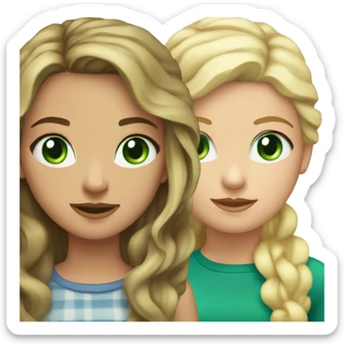 Brunette girl whit wavy hair and green eyes standing besides a flat haired blonde girl whit blue eyes sticker