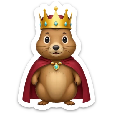 Groundhog wearing crown with a maroon cape with KPM in gold on the cape sticker