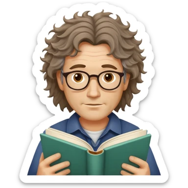 man in his forties with messy wavy hair, no glasses, reading a book sticker
