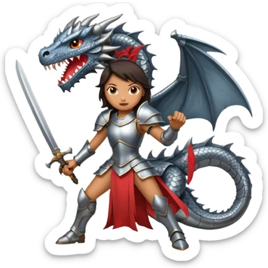 Fierce Latina in armor with a sword in a losing battle with a dragon sticker