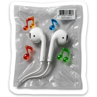 pair of white EarPods with three small rainbow glass music notes floating nearby, shiny and inflated sticker
