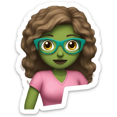Female coding teacher featuring a laptop. She has long brunette hair, green eyes, white skin, teal eye glasses, rose lips, and a pink feminine shirt sticker